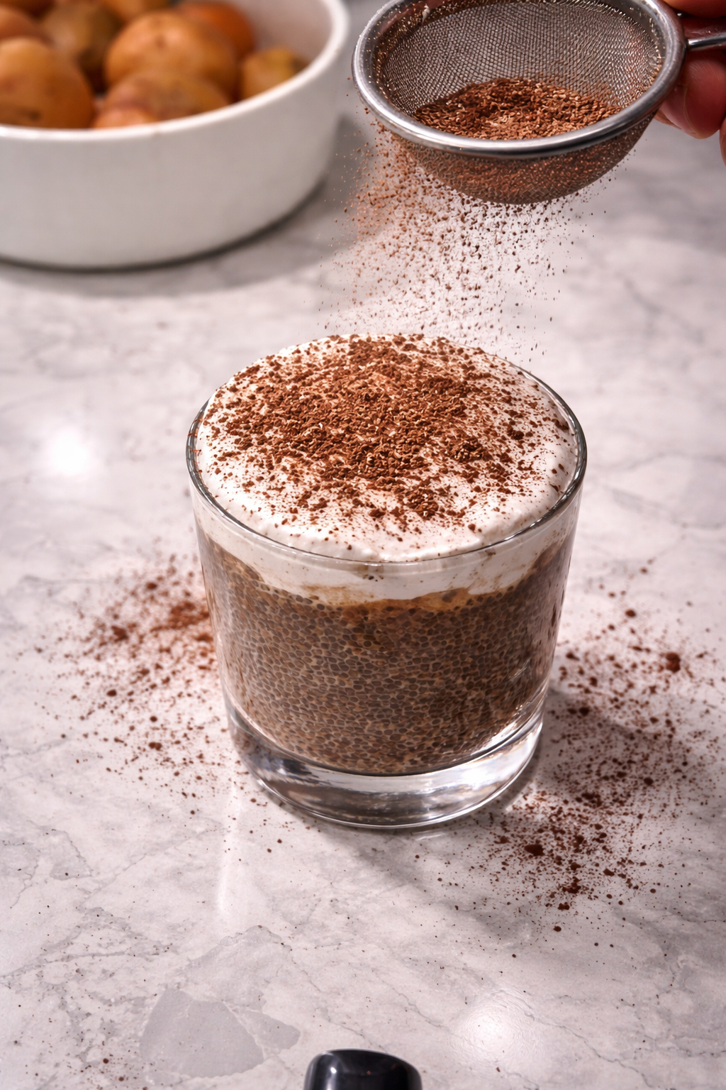 Chocolate powder being sprinkled over whipped topping on a glass of tiramisu chia pudding on a marble countertop with soft professional kitchen lighting.