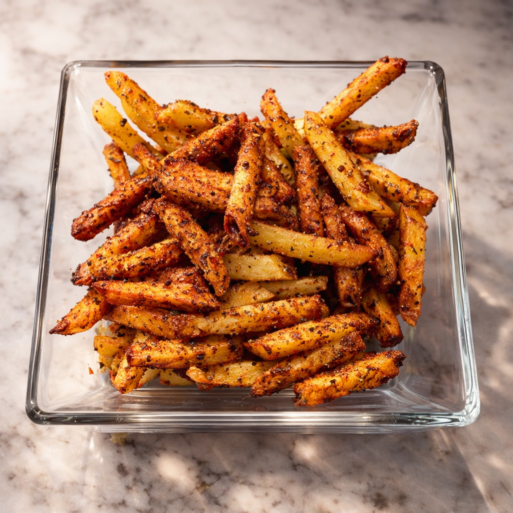 Crispy seasoned pasta chips piled in a square glass bowl on a white marble countertop, golden brown with herbs and spices under warm professional lighting.