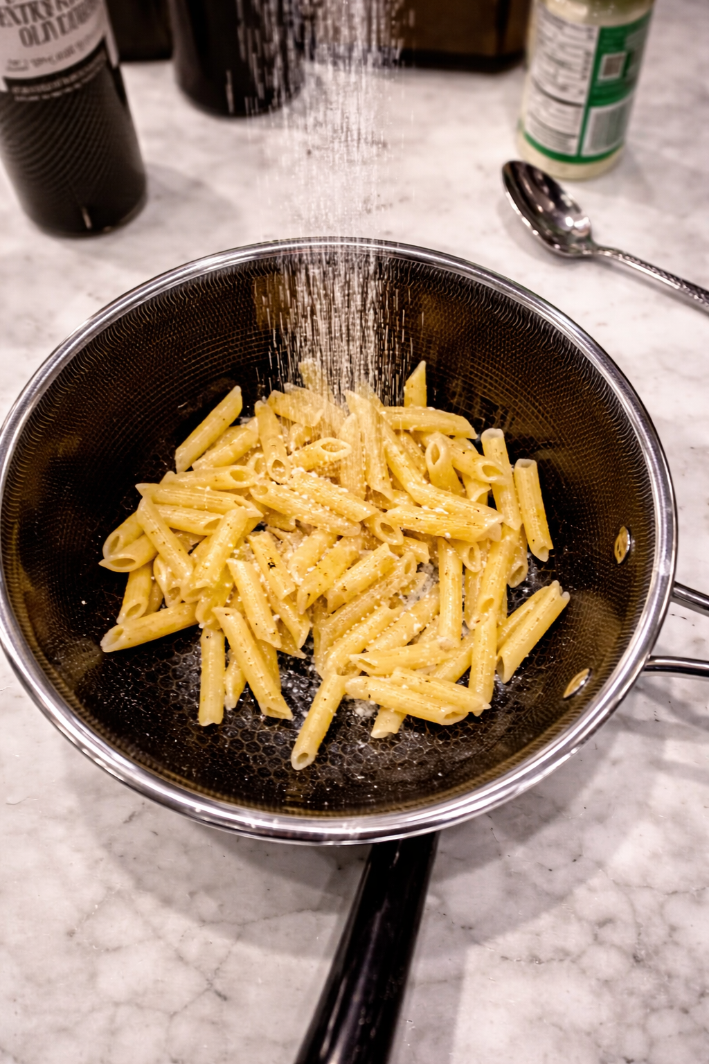 Seasoning being sprinkled over cooked penne pasta in a stainless steel pan, with grains falling through the air onto the pasta under bright kitchen lighting.