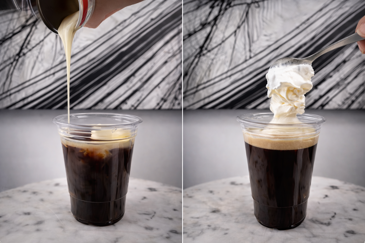 Condensed milk being poured over coffee jelly in a clear cup and topped with whipped cream on a marble surface under soft professional lighting.