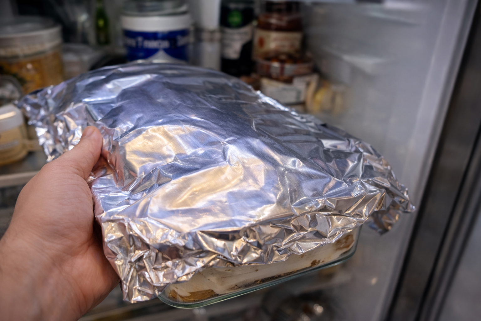 Hand removing a foil-covered glass dish of tiramisu from the refrigerator after chilling.