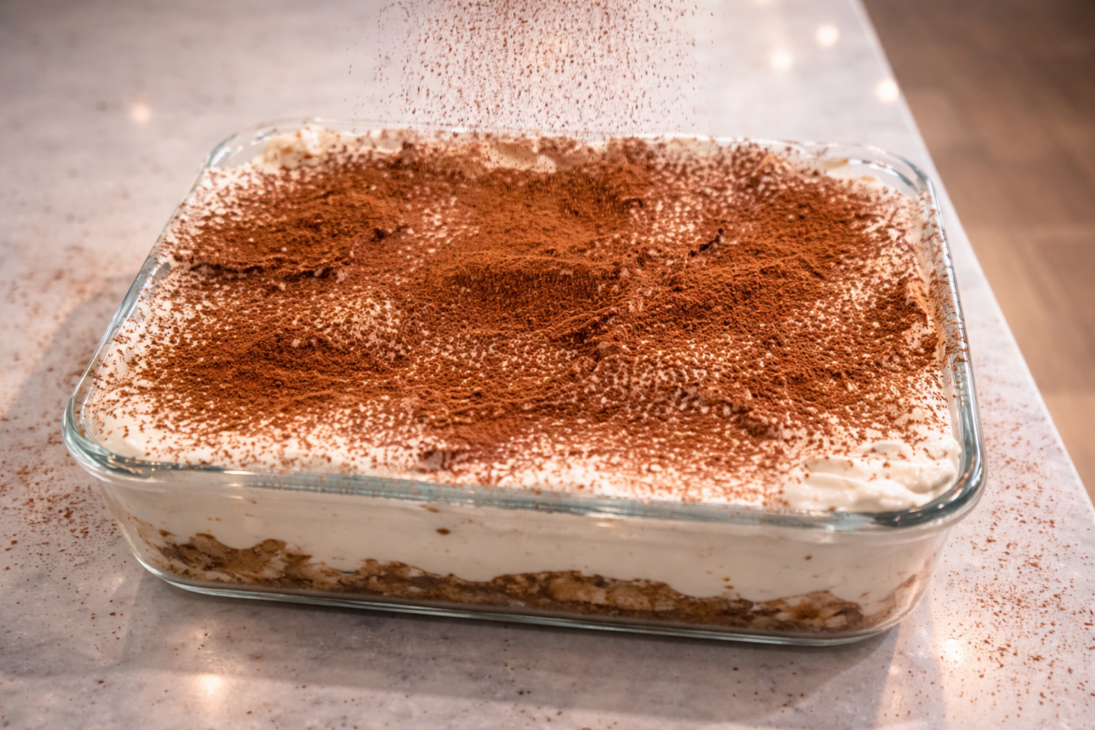 Cocoa powder being sprinkled over a creamy tiramisu in a glass baking dish, creating the final chocolate topping.