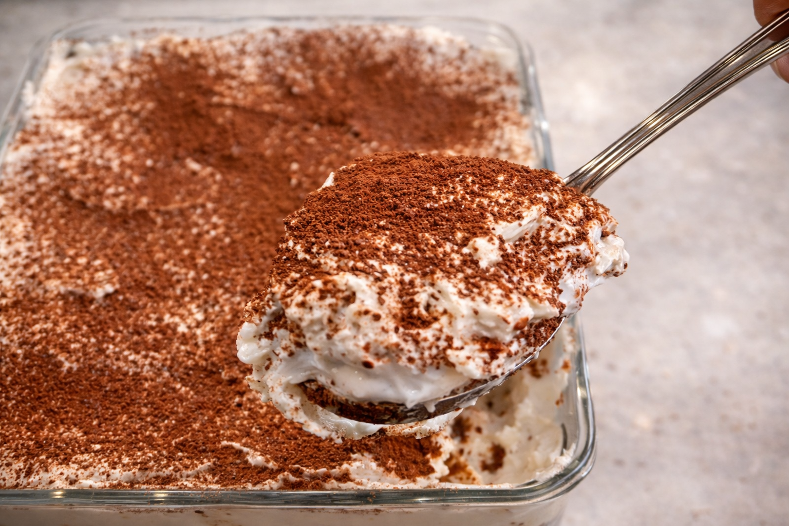Spoon lifting a creamy slice of tiramisu topped with cocoa powder from a glass baking dish, revealing the layered dessert inside.