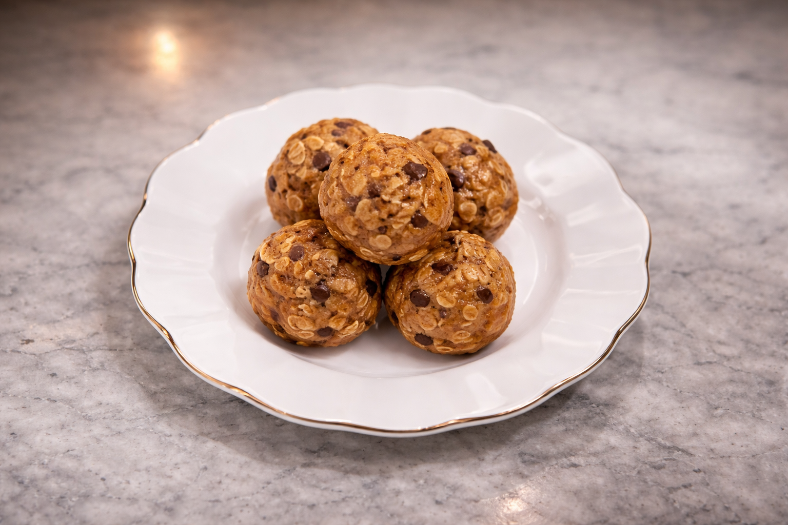 Close-up of four round energy balls made with oats and chocolate chips, neatly stacked on a white porcelain plate with gold trim, set on a marble countertop and illuminated by soft, warm, professional lighting that highlights their glossy, textured surface.