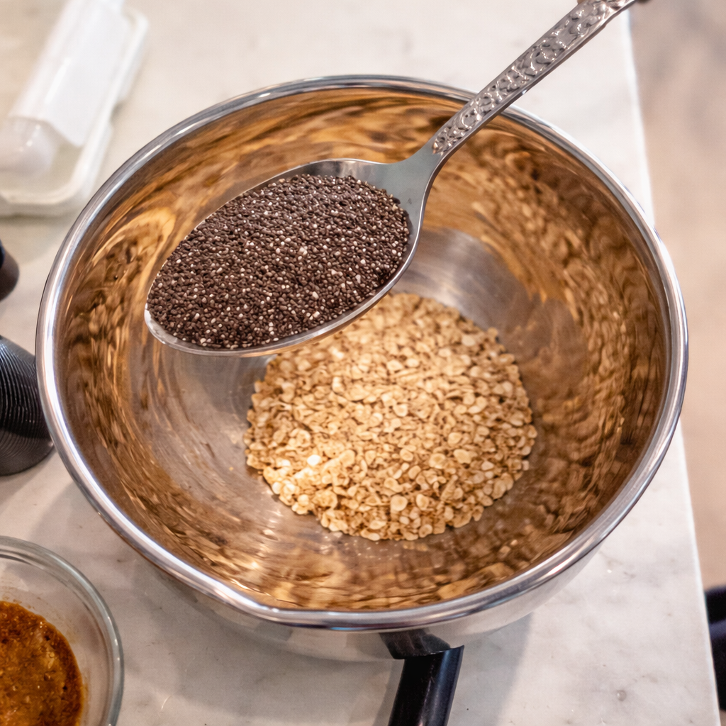 Close-up of a spoon filled with chia seeds held above a stainless steel mixing bowl containing oats, captured with soft, professional lighting that enhances the texture and contrast of the ingredients on a clean marble countertop.