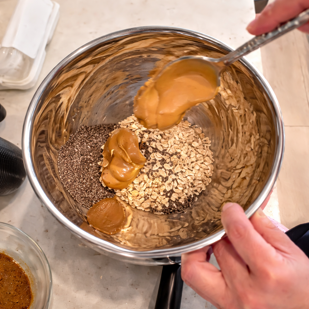Overhead view of a stainless steel mixing bowl with oats and chia seeds as creamy peanut butter is being added with a spoon, captured with soft, professional lighting that highlights the glossy texture and warm tones of the ingredients on a clean marble countertop.