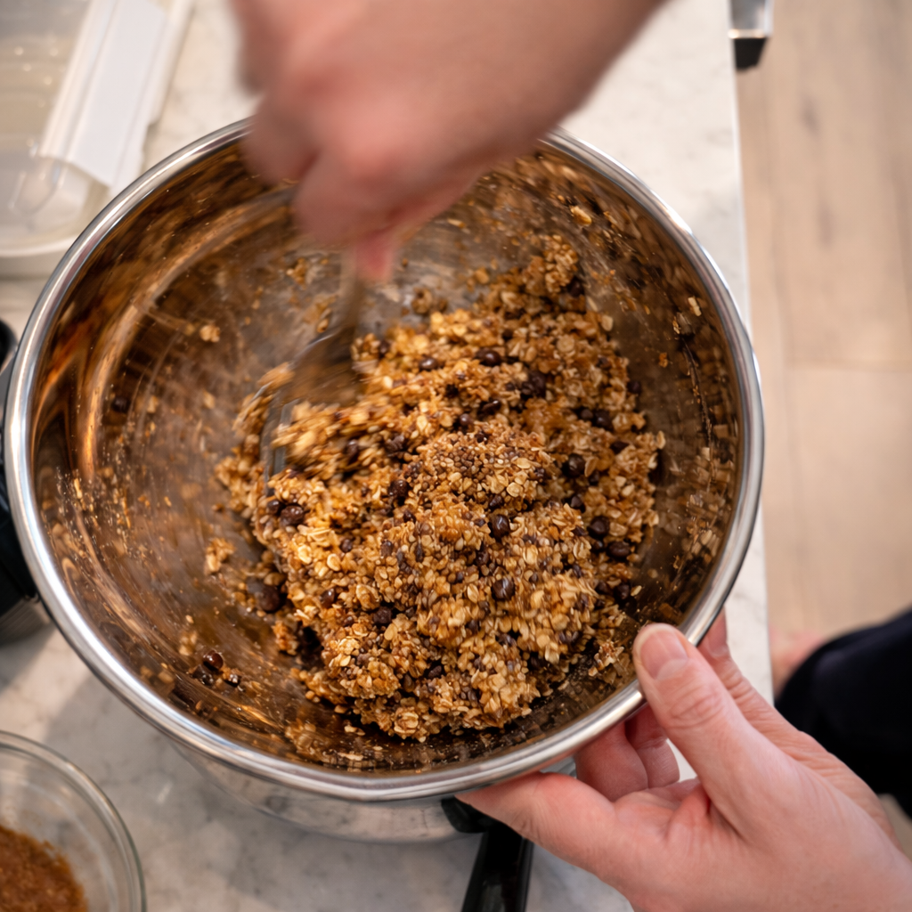Overhead view of hands mixing a thick, textured energy ball mixture made of oats, chia seeds, chocolate chips, peanut butter, and honey in a stainless steel bowl, captured with soft professional lighting that enhances the rich, golden tones on a clean marble countertop.