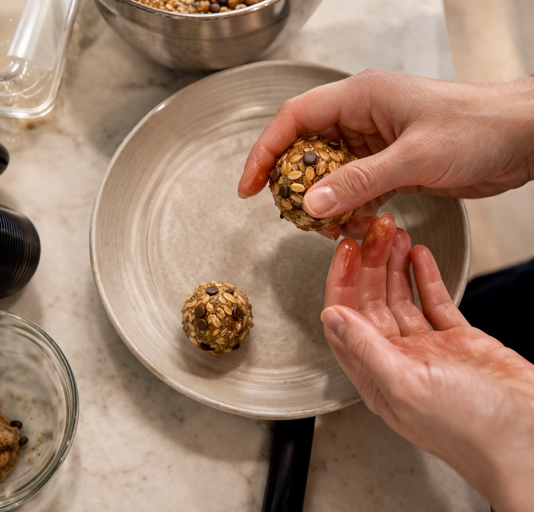 Close-up of hands shaping a glossy, textured energy ball made with oats and chocolate chips over a neutral ceramic plate, with soft professional lighting highlighting the rich, golden tones and appetizing finish on a marble countertop.