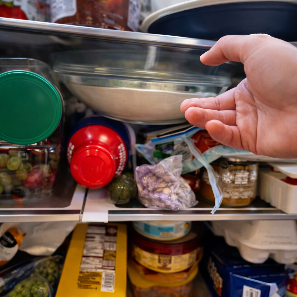 Close-up of a hand placing a bowl into a well-organized refrigerator filled with fresh ingredients and containers, captured with bright, clean lighting that highlights a fresh, appetizing kitchen environment.
