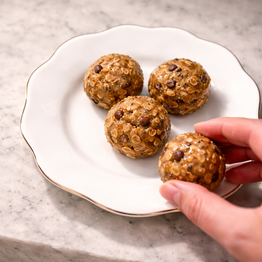 Close-up of four glossy, golden-brown energy balls made with oats and chocolate chips arranged on a white scalloped plate, with a hand placing one onto the plate, captured with soft professional lighting that highlights their rich texture and appetizing shine on a marble countertop.