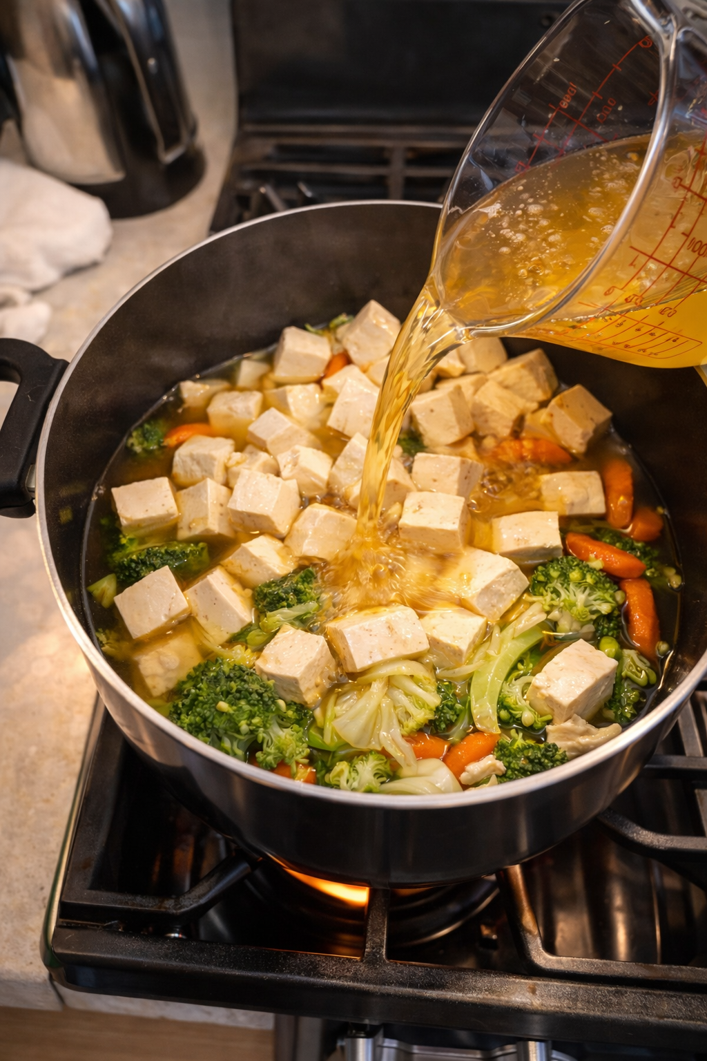 Close-up of golden chicken broth being poured into a pot filled with tofu, broccoli, carrots, and vegetables on a stovetop, with warm lighting highlighting the rich, glossy broth and fresh ingredients.