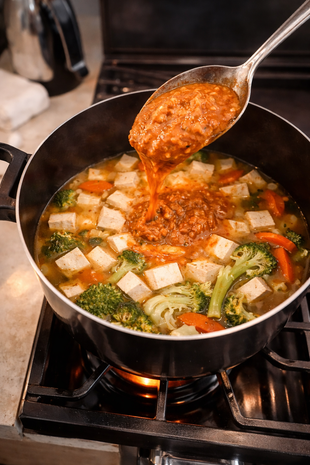 Close-up of a spoon pouring rich, creamy butter chicken sauce into a pot of tofu, broccoli, carrots, and vegetables simmering on a stovetop, with warm lighting enhancing the vibrant colors and glossy texture.