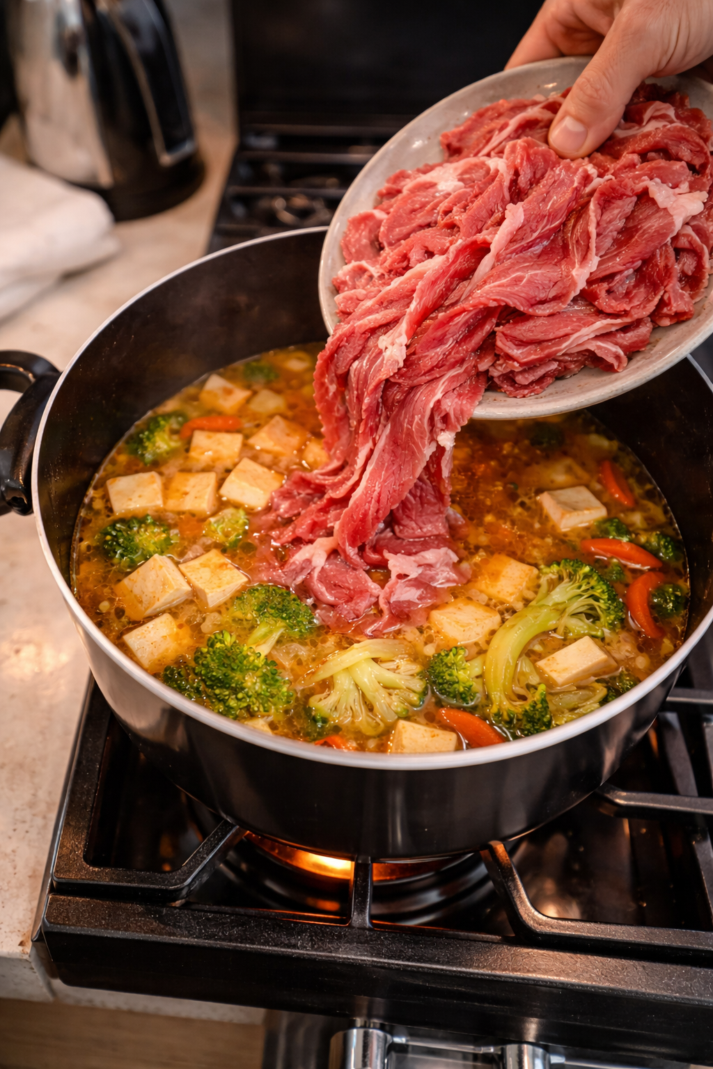 Close-up of thinly sliced beef being added to a pot of simmering tofu, broccoli, and vegetables in a rich golden broth on a stovetop, captured with warm, professional lighting for an appetizing look.