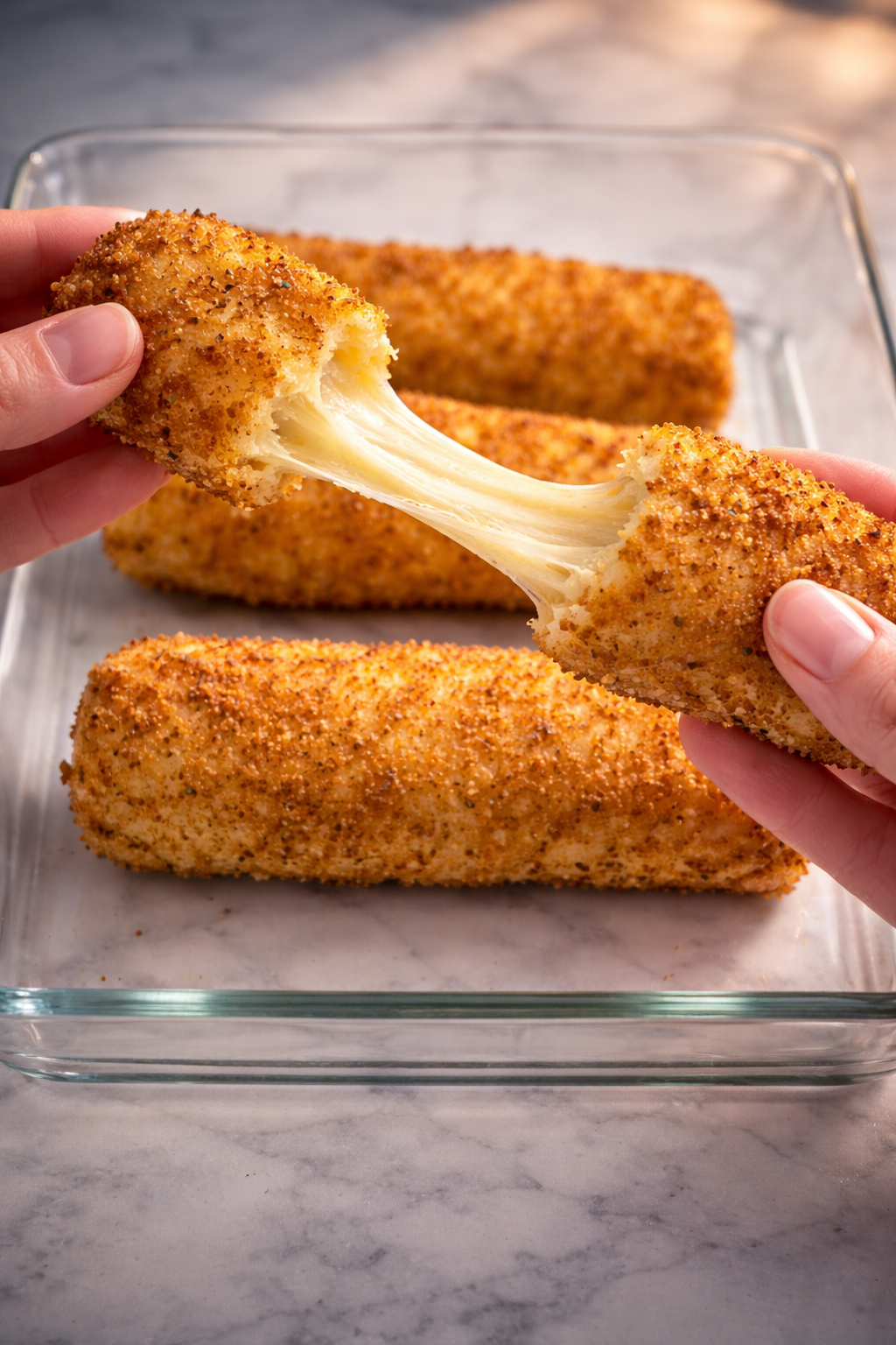 Golden crispy mozzarella stick being pulled apart with gooey, melted cheese stretching between the halves, set against a softly lit marble background.