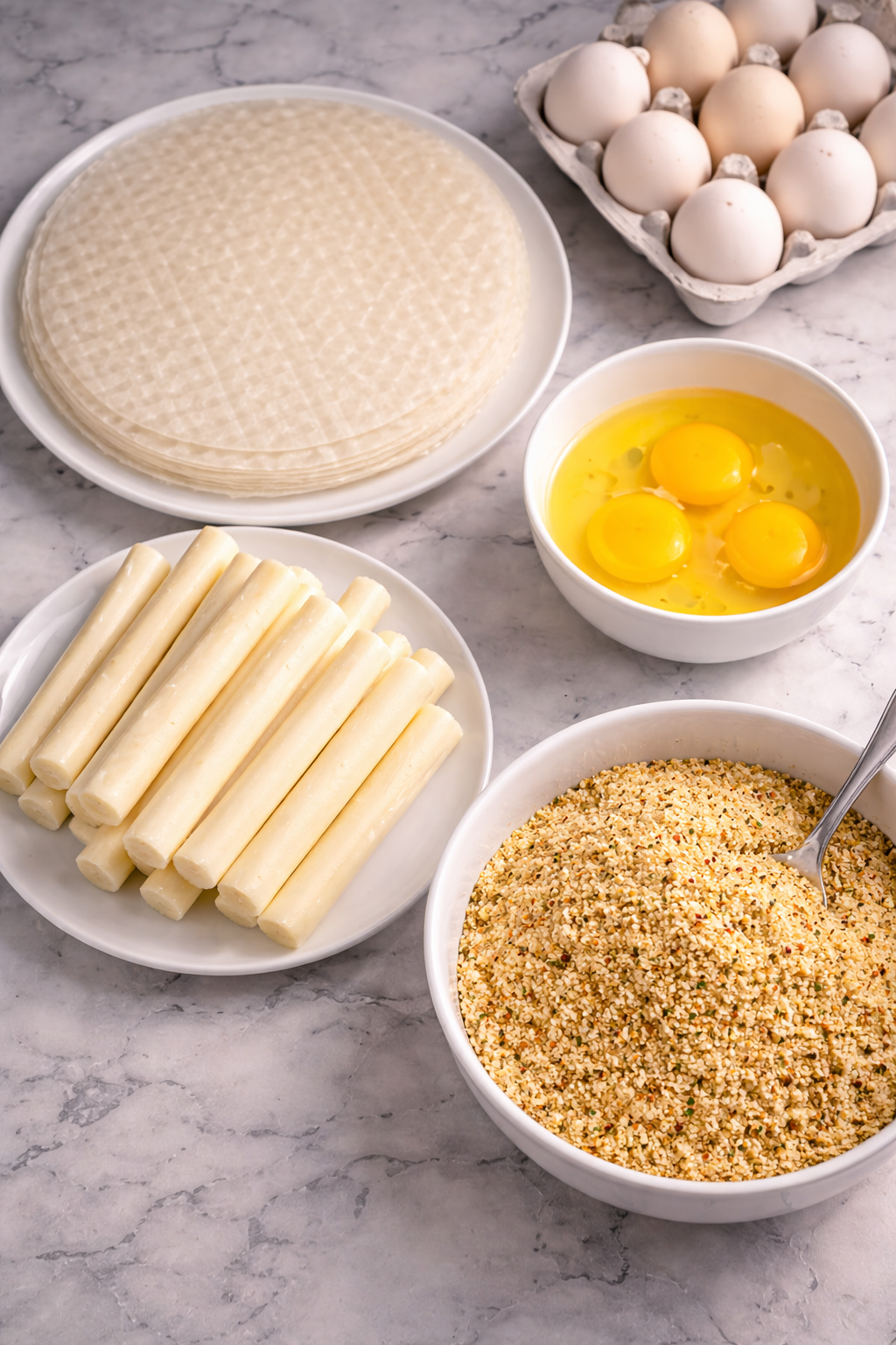 Top-down view of rice paper sheets, string cheese sticks, cracked eggs, and Italian breadcrumbs neatly arranged on a marble countertop under bright, clean lighting.