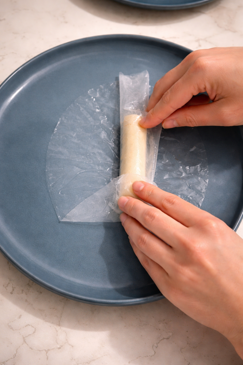 Hands wrapping a string cheese stick in a softened rice paper sheet on a blue plate, captured in clean, professional lighting.
