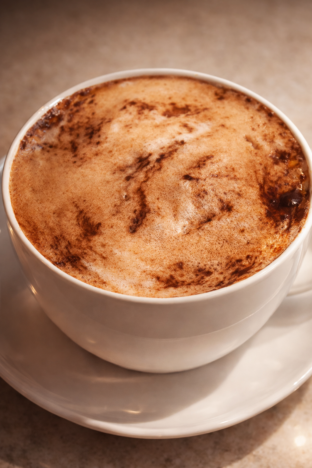 Close-up of a layered iced Dalgona coffee in a clear plastic cup, featuring creamy white milk swirled with rich brown coffee and topped with thick, frothy foam, set against a softly blurred neutral background.