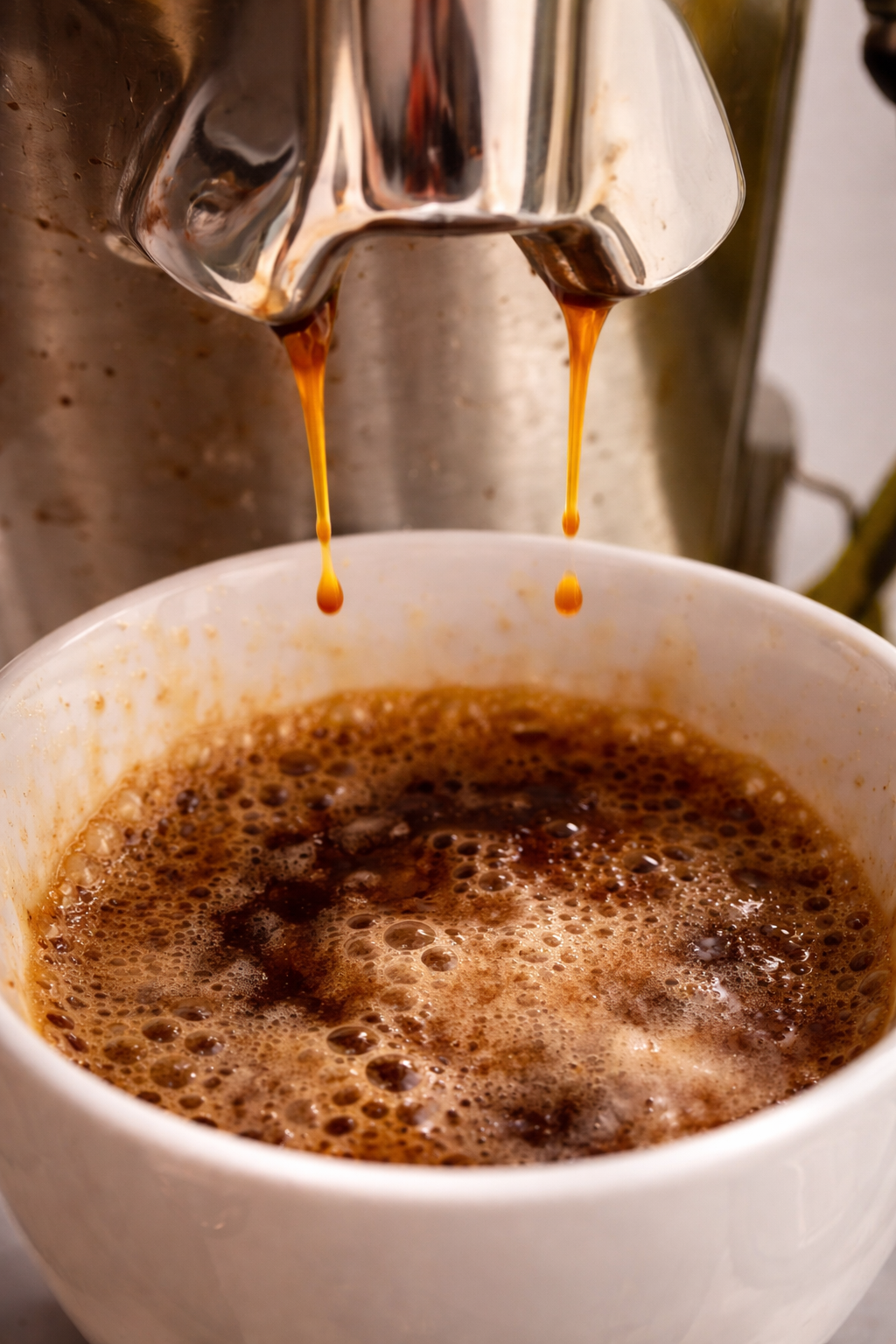 Close-up of rich espresso dripping from a stainless steel espresso machine into a white ceramic cup, with golden crema forming on top under warm, professional lighting for a smooth, appetizing look.