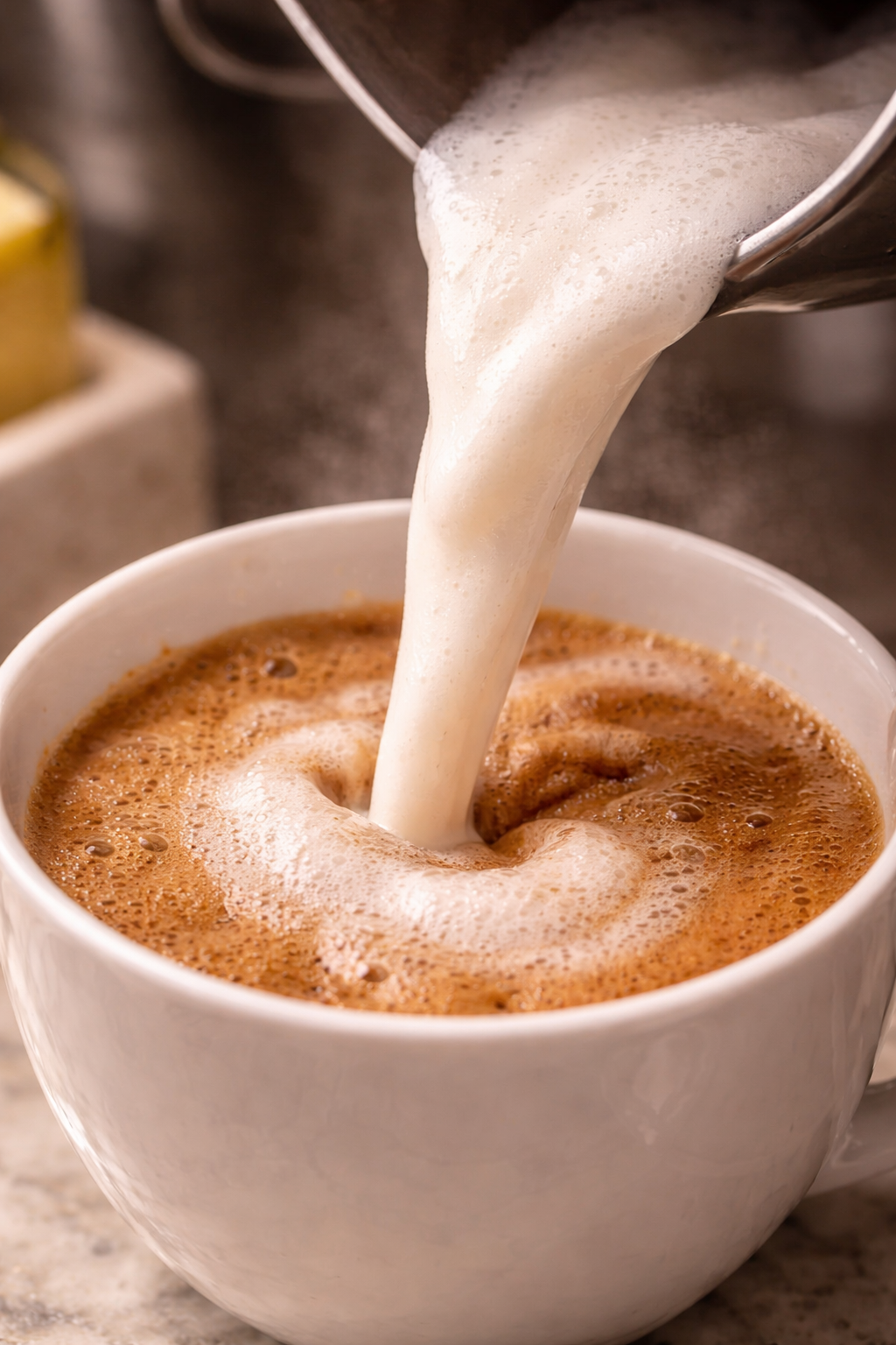 Close-up of ultra-frothy milk being poured from a stainless steel pitcher into a rich espresso, creating a thick, creamy foam layer in a white ceramic cup, with warm, professional lighting highlighting the smooth, velvety texture