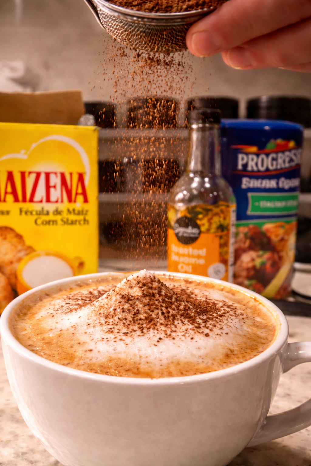 Close-up of a creamy chocolate latte in a white ceramic cup topped with thick foam as fine cocoa powder is being dusted from above, creating a soft cascade, with warm professional lighting highlighting the rich, velvety texture.