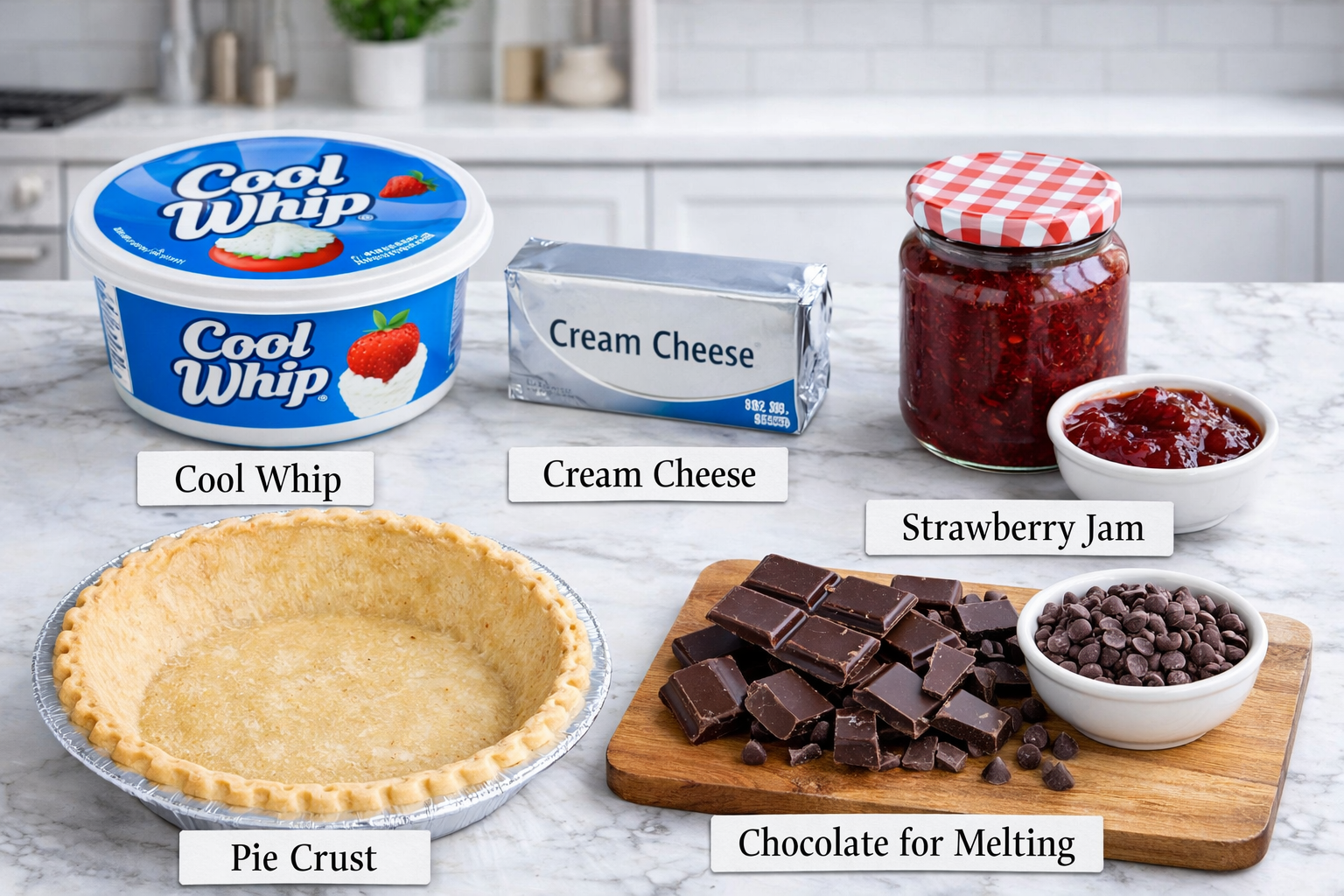 Hyper-realistic image of cheesecake ingredients arranged on a modern white marble countertop, including Cool Whip, cream cheese, strawberry jam, pie crust, and chocolate for melting, each clearly labeled with soft natural lighting and a clean, contemporary kitchen background.
