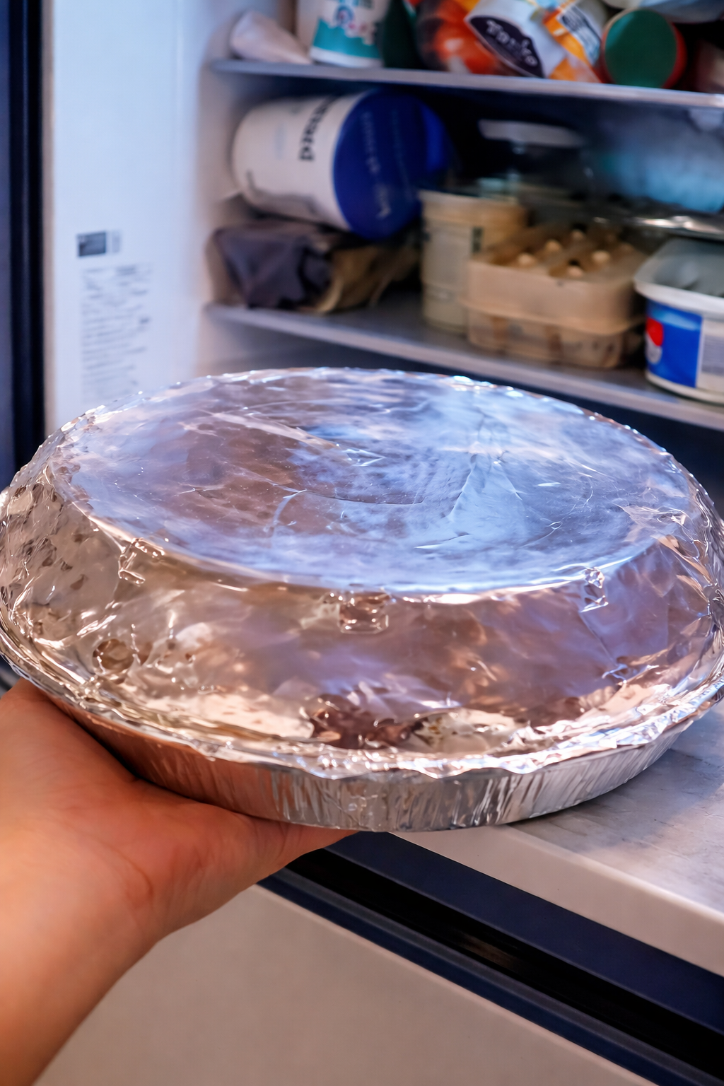 Hyper-realistic close-up of a cheesecake in a foil pan wrapped in plastic wrap being placed into a refrigerator, with clean professional lighting highlighting the smooth surface and reflective textures.