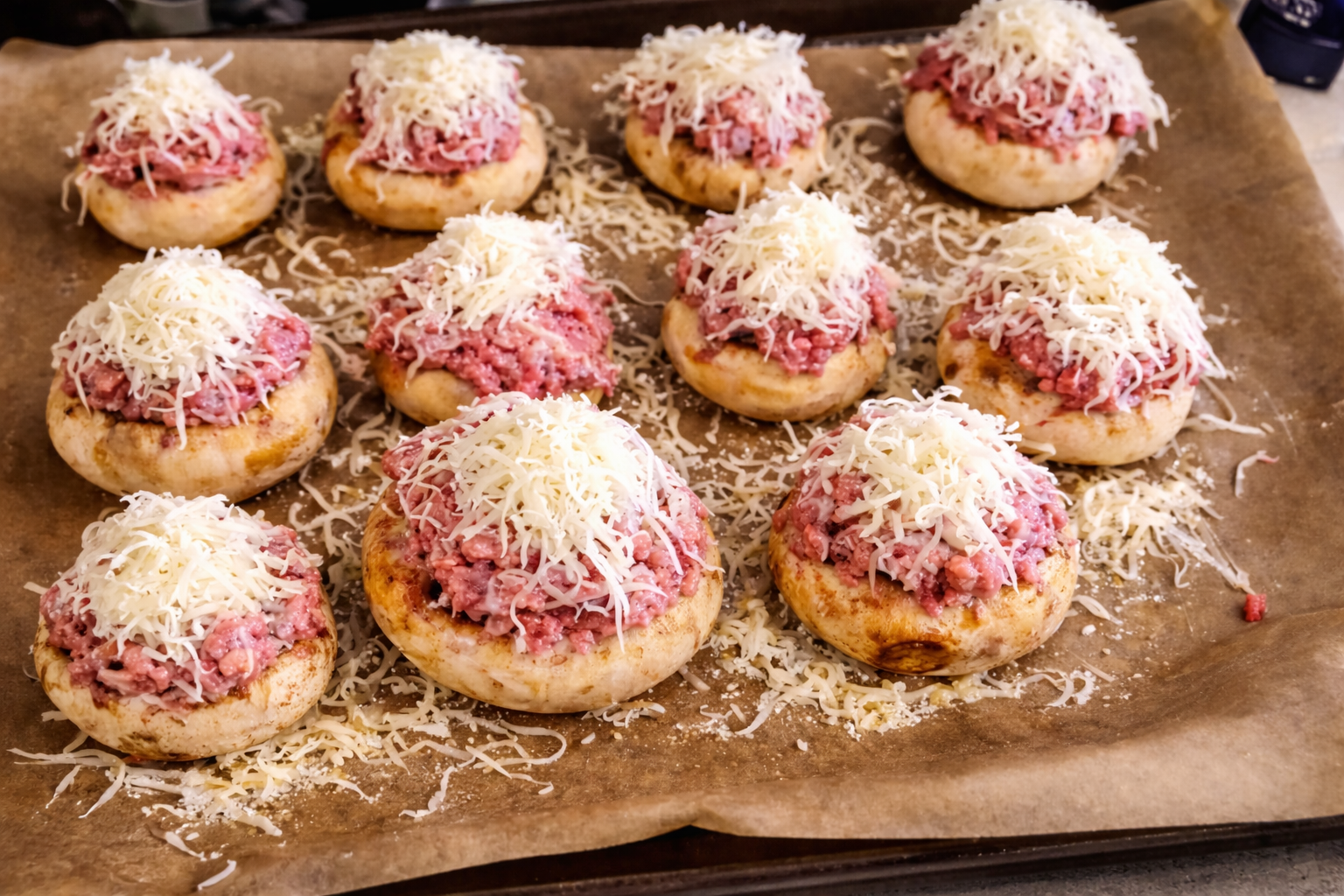 Close-up of a baking tray lined with parchment paper holding multiple stuffed mushroom caps topped with shredded cheese, ready for baking, with a kitchen counter softly blurred in the background.