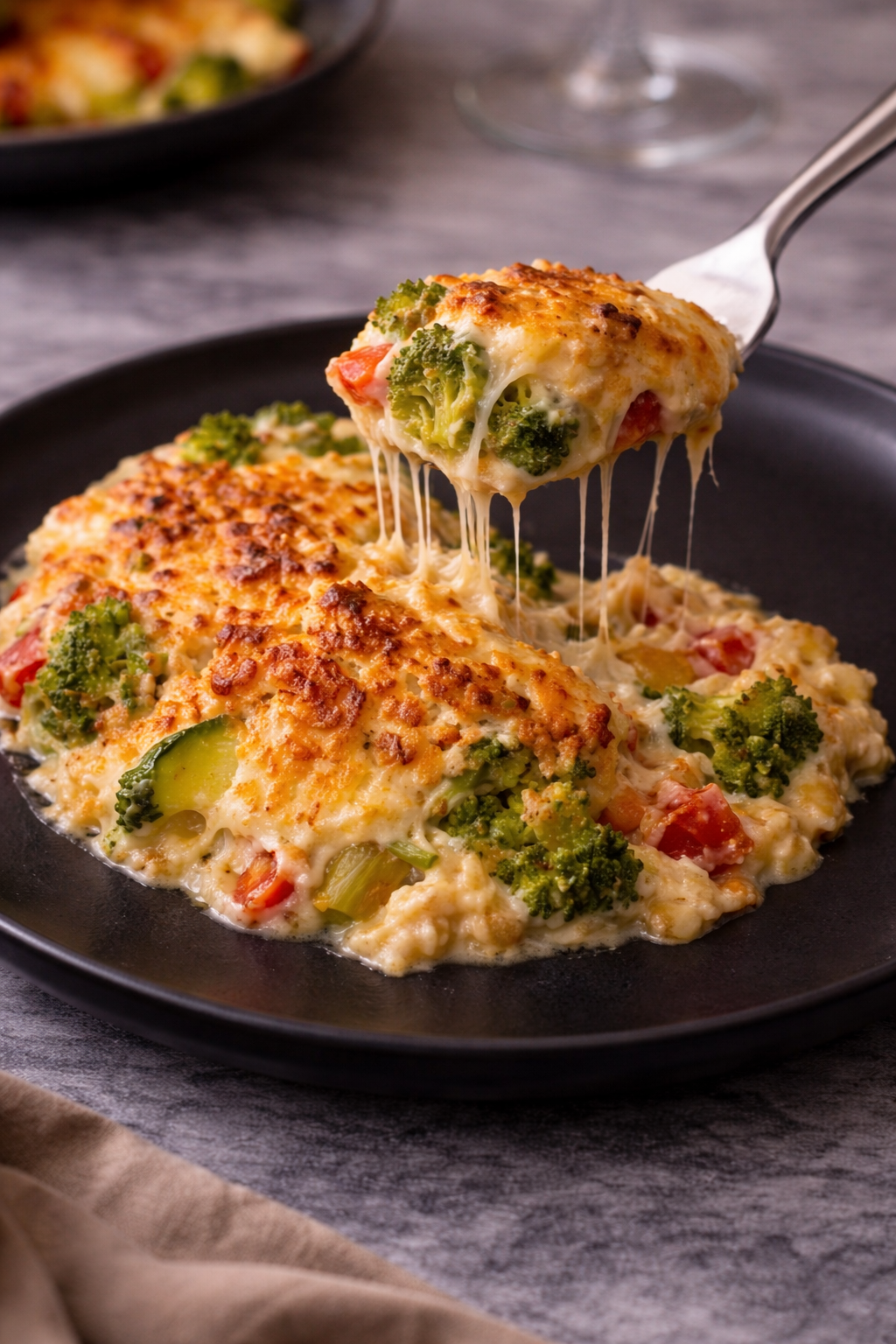 Close-up of a fork lifting a cheesy vegetable casserole from a modern black plate, with melted cheese stretching over broccoli, zucchini, and bell peppers under soft, elegant lighting.