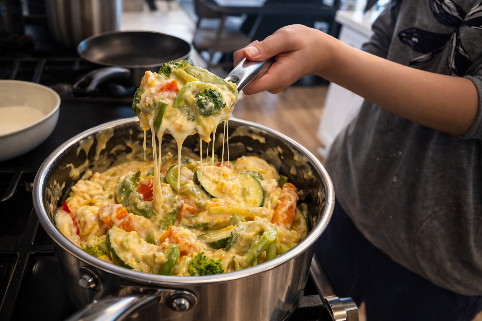 Close-up of a hand lifting a spoonful of creamy vegetable casserole from a stainless steel pot, with melted cheese stretching over broccoli, zucchini, and peppers under warm, professional lighting.