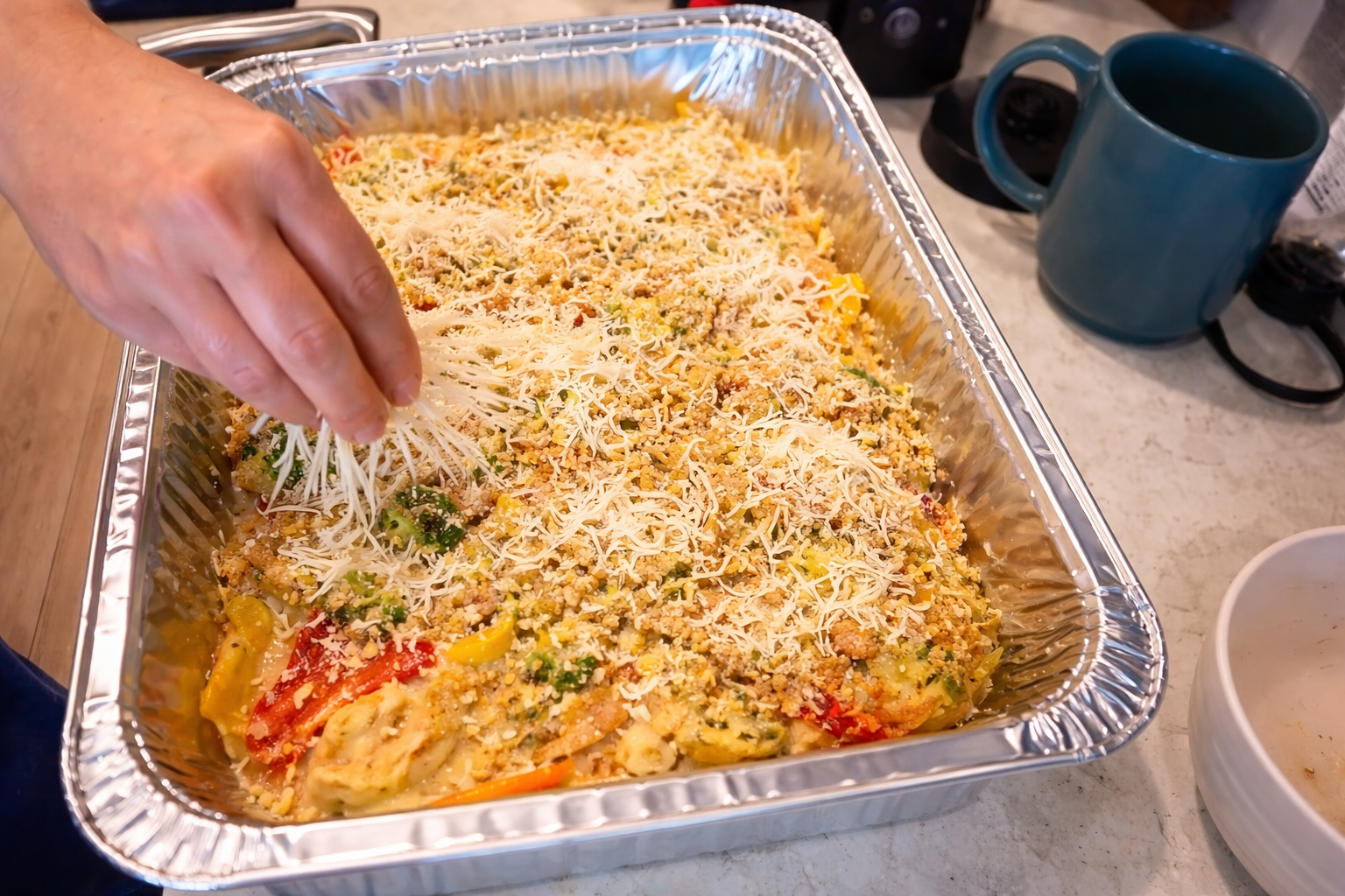 Close-up of shredded cheese being sprinkled over a creamy vegetable casserole in a foil baking tray, with visible broccoli, zucchini, and bell peppers under warm, professional lighting, highlighting the cheesy topping.
