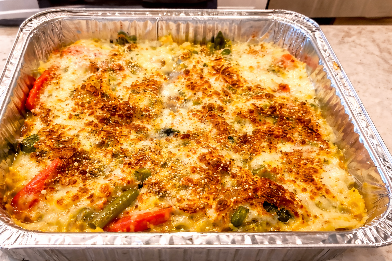 Close-up of a freshly baked vegetable casserole in a foil tray with a golden, crispy cheese topping, as a spatula lifts a portion under warm, professional lighting.