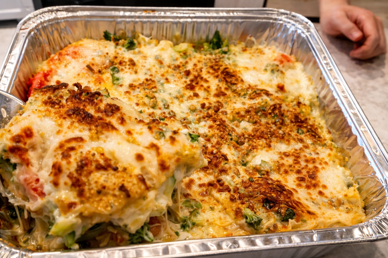 Close-up of a golden, cheesy vegetable casserole in a foil tray with a lifted serving, showing melted cheese, crispy topping, and vegetables under warm, professional lighting.