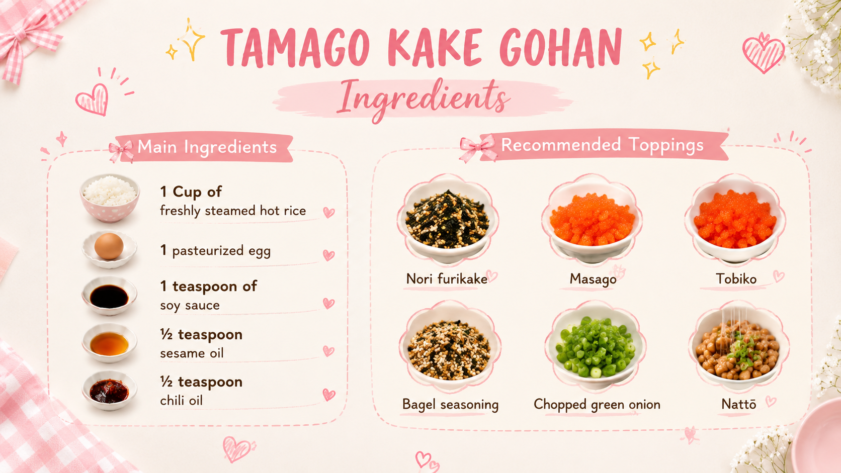 please create a girly design image listing the ingredients. Please make the size of the image 1672X941. heres what to put in the image: