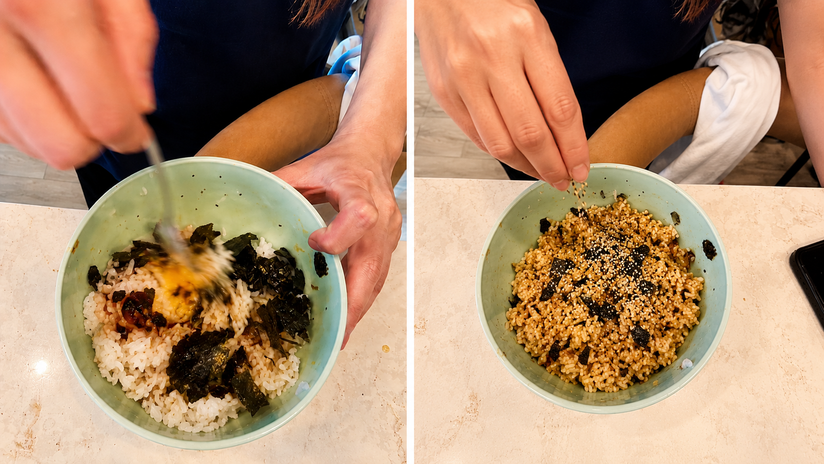 Side by side overhead photos showing the process of making Tamago Kake Gohan in a pastel green bowl on a marble countertop. The left image shows the rice, egg, sauce, and seaweed being mixed together, while the right image shows a hand sprinkling bagel seasoning over the finished creamy rice bowl.