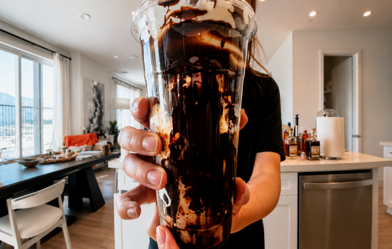 Close-up of a layered iced Dalgona coffee in a clear plastic cup, featuring creamy white milk swirled with rich brown coffee and topped with thick, frothy foam, set against a softly blurred neutral background.