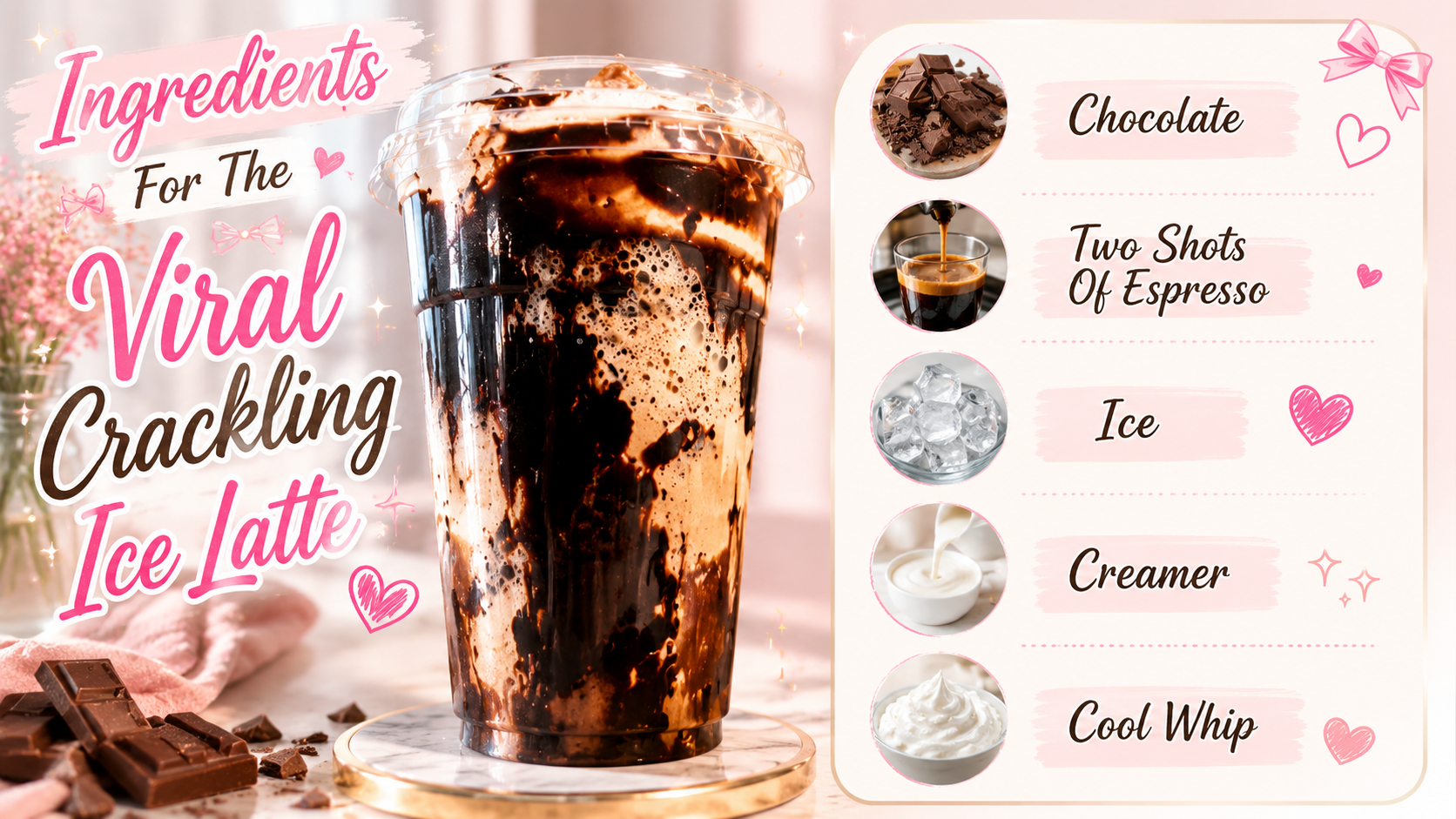Girly pastel recipe graphic featuring a viral crackling ice latte in a chocolate-coated cup alongside a list of ingredients including chocolate, espresso, ice, creamer, and Cool Whip with pink hearts, bows, and sparkles.
