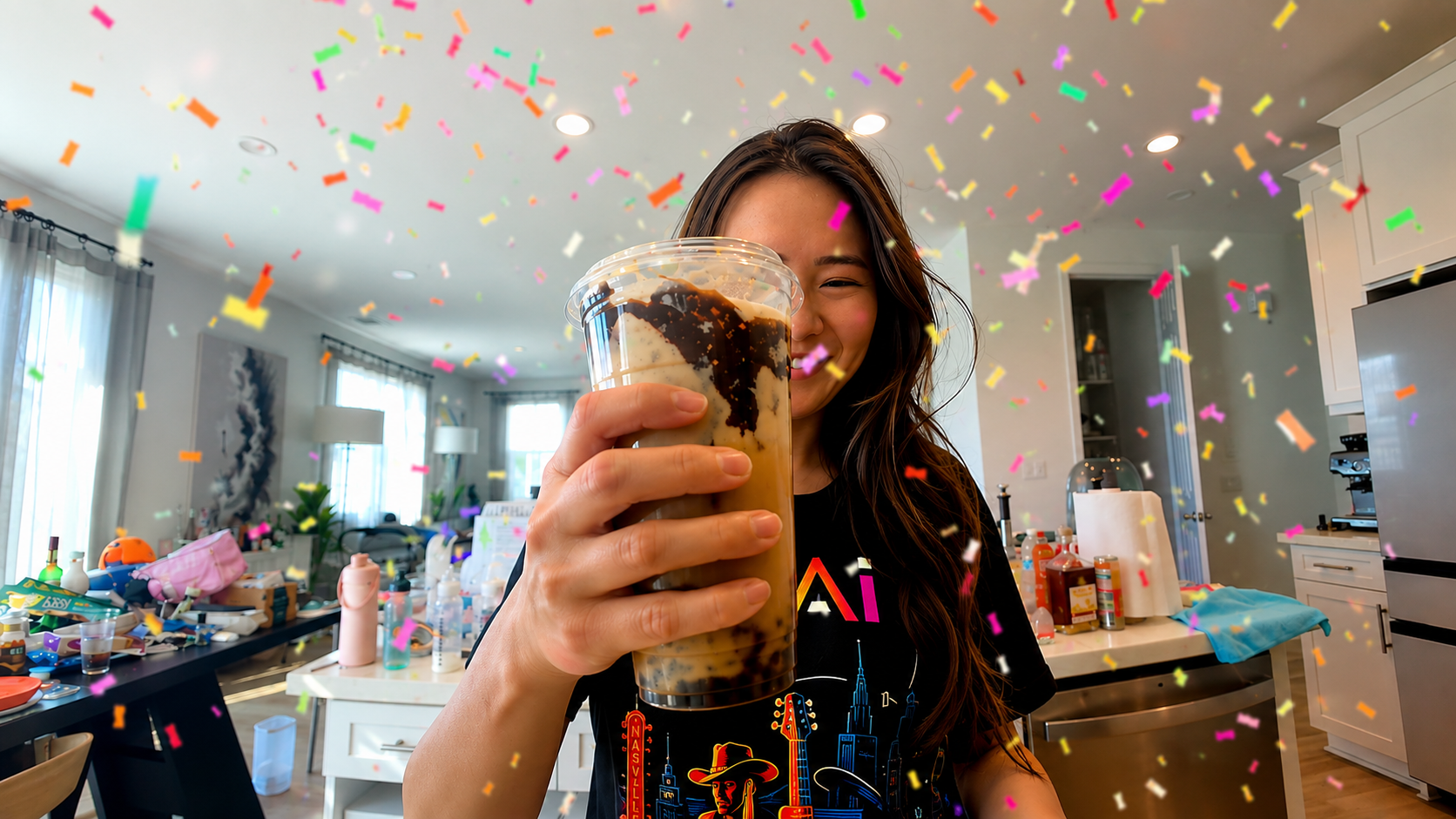 Smiling young woman holding a crackling iced latte with rich chocolate swirls while colorful confetti falls around her in a bright modern kitchen, photographed with a fun professional food photography aesthetic.
