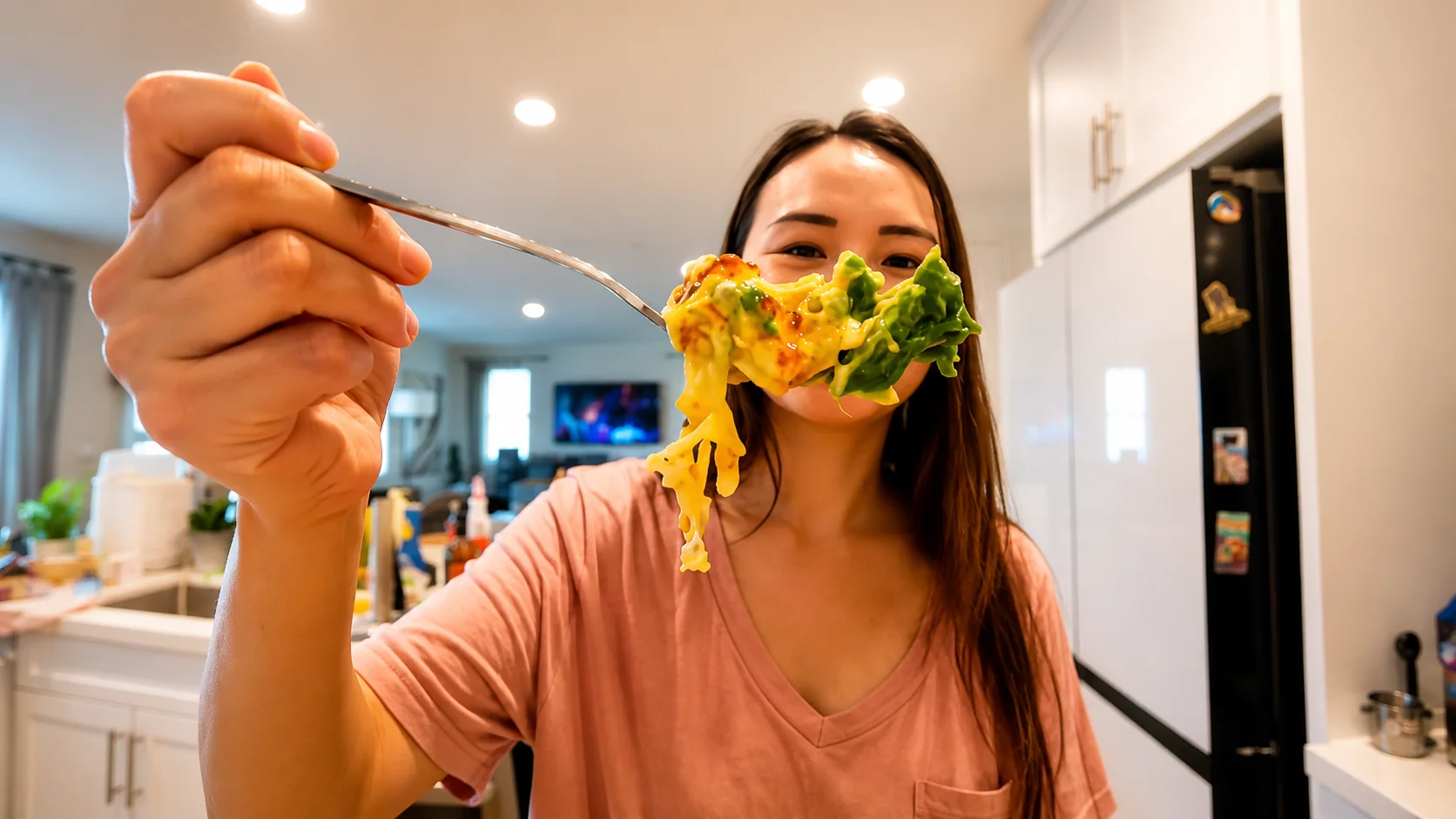 A woman in a pink shirt holds up a forkful of cheesy avocado egg in a modern kitchen. Melted golden cheese stretches from the fork while creamy avocado and fluffy egg create a rich, indulgent bite. The softly blurred kitchen background and warm lighting give the image a cozy, professional food photography feel.