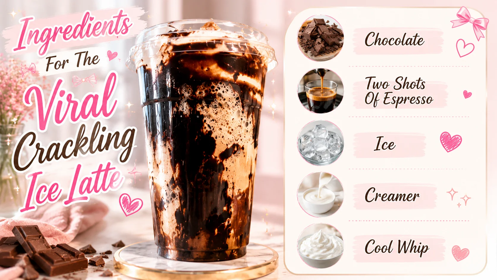 Girly pastel recipe graphic featuring a viral crackling ice latte in a chocolate-coated cup alongside a list of ingredients including chocolate, espresso, ice, creamer, and Cool Whip with pink hearts, bows, and sparkles.