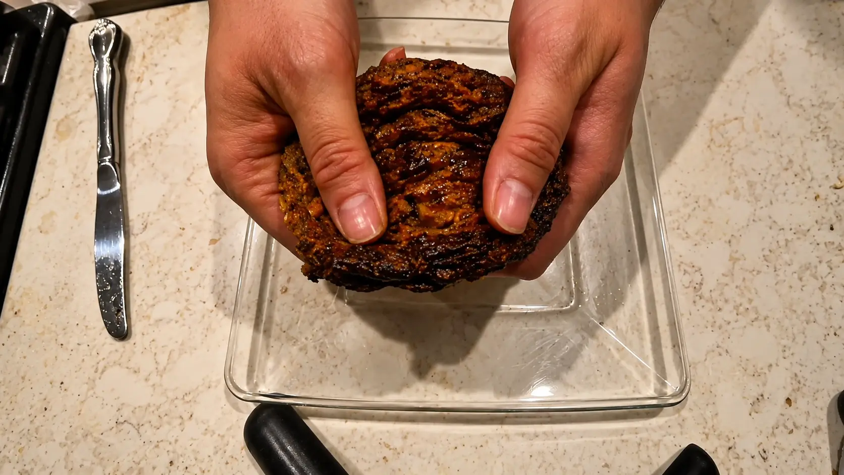 Golden brown crispy muffin being held over a clear glass plate on a marble kitchen countertop, photographed in warm professional lighting with detailed texture and appetizing food styling.
