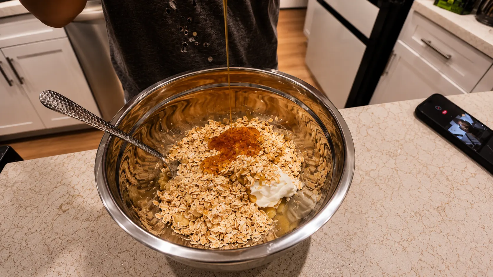 adding honey in the bowl