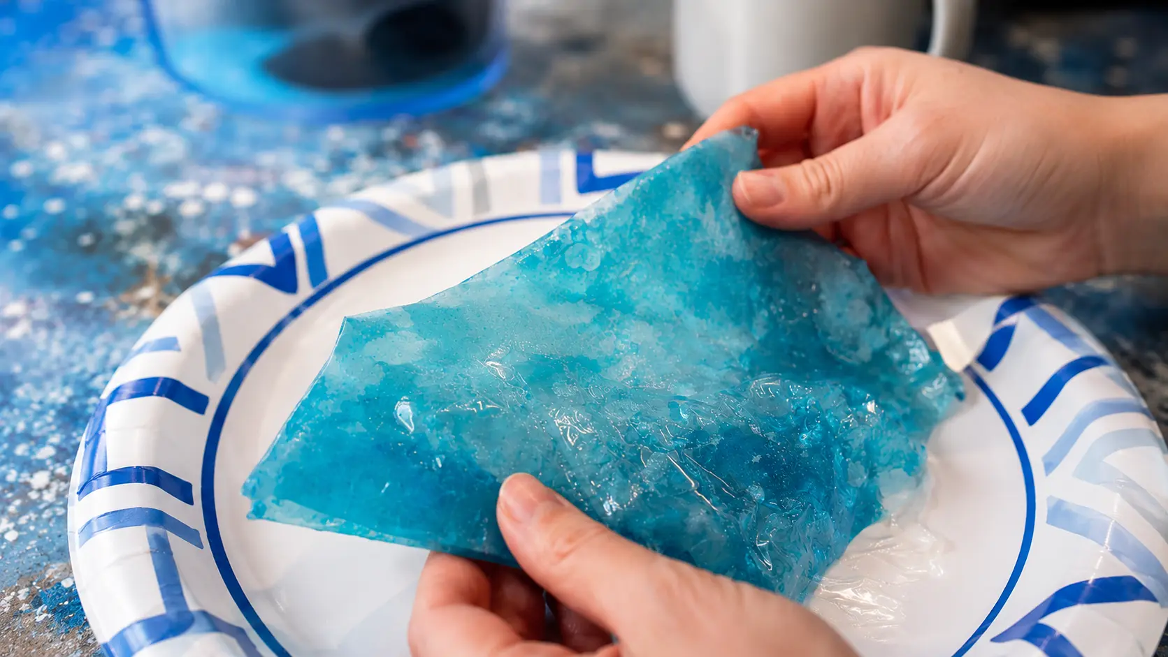 Close-up of two hands peeling back a thin, glossy blue Fruit Roll-Up over a white paper plate with blue accents. The fruit snack has a translucent, icy-blue appearance with a shiny, slightly textured surface. The scene is styled on a blue marbled tabletop with a white mug and a blue Oreo ice cream container softly blurred in the background, creating a bright, professional food photography look.