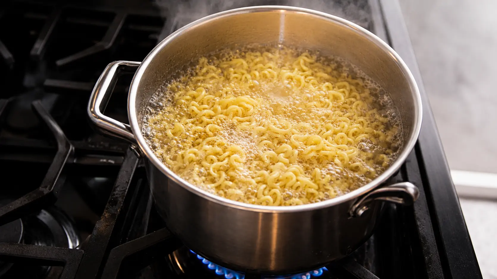 Pot of Buldak ramen noodles boiling in a stainless steel pot on a gas stove, with steam rising and bubbles rapidly simmering in a professional food photography style.