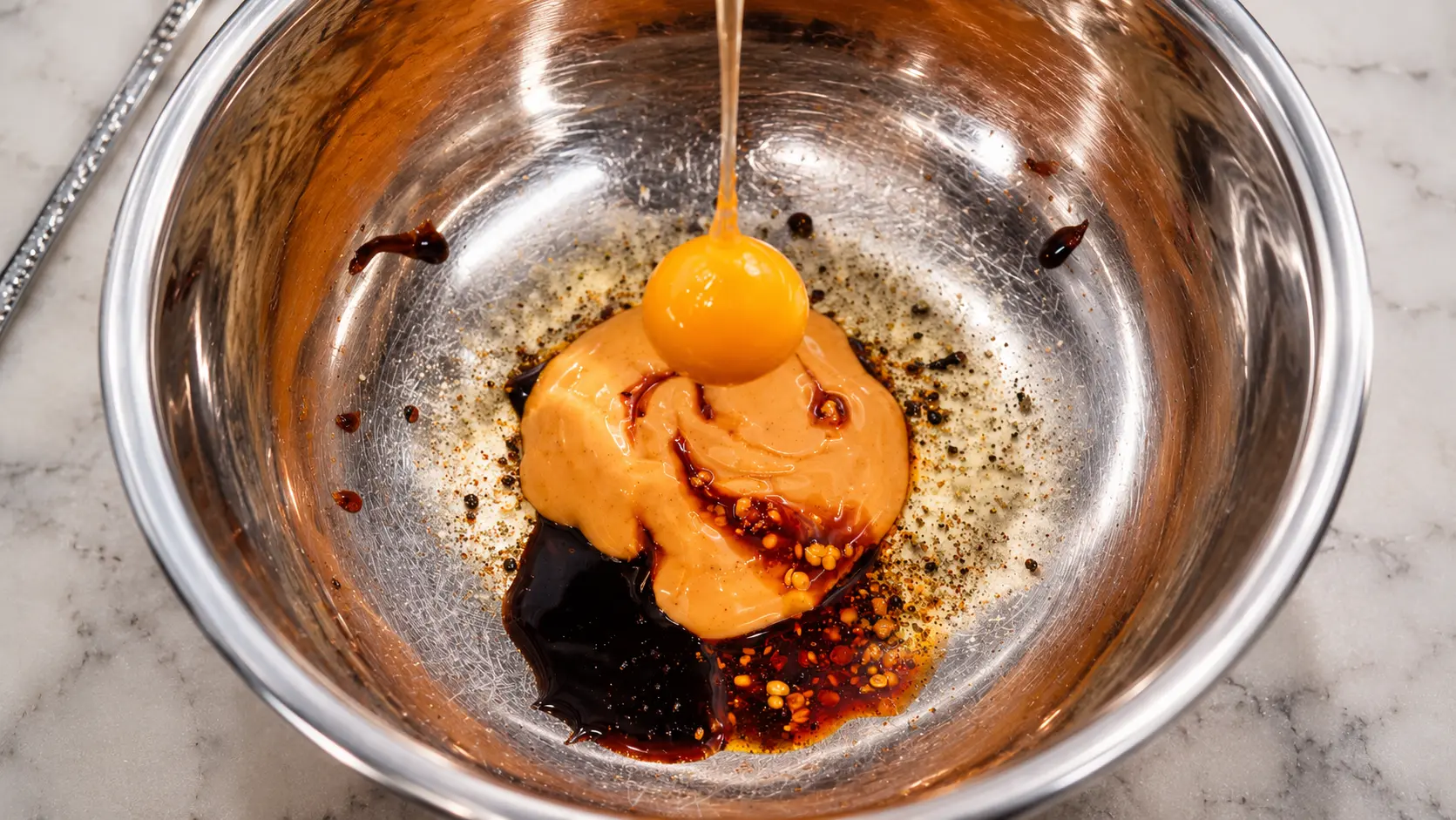 Raw egg yolk dropping into sriracha mayo and chili oil mixture in stainless steel bowl for Buldak Carbonara ramen sauce.