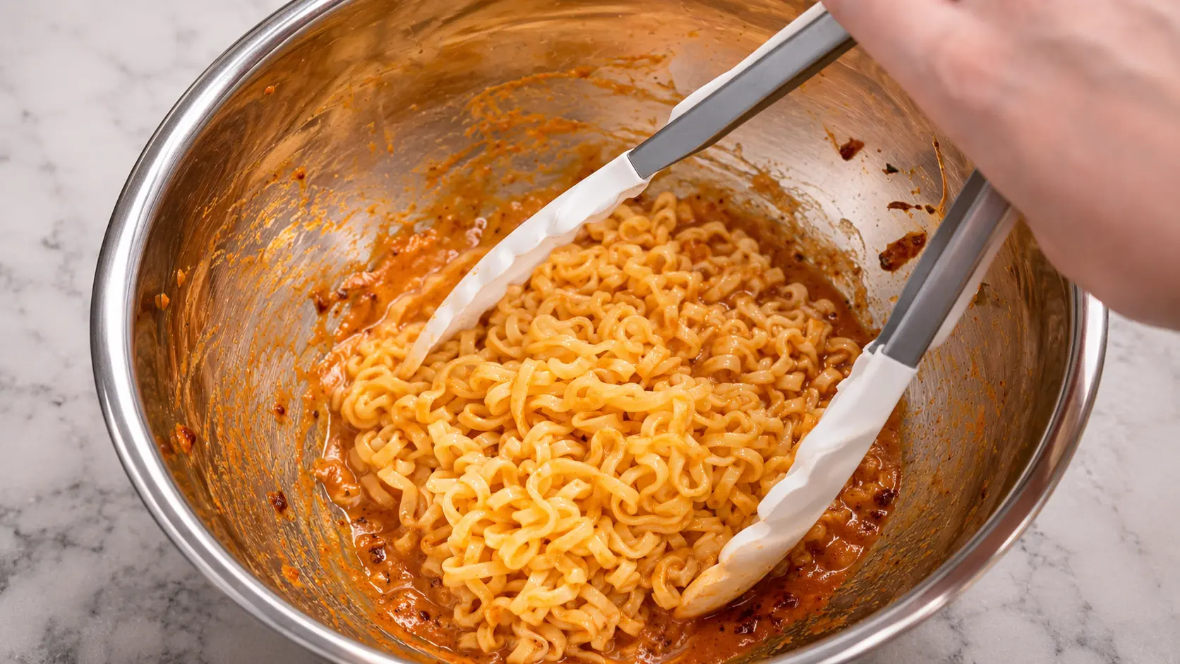 mixing ramen with the sauce