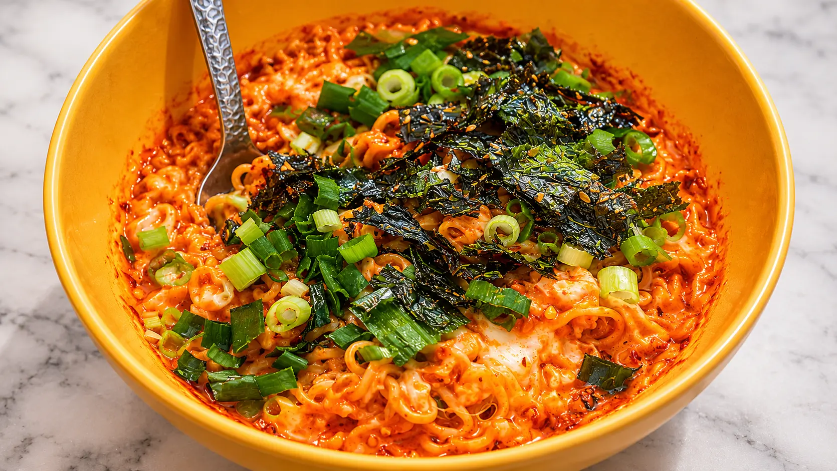 Buldak Carbonara ramen in yellow bowl topped with roasted seaweed and chopped green onions, mixed into creamy spicy sauce.