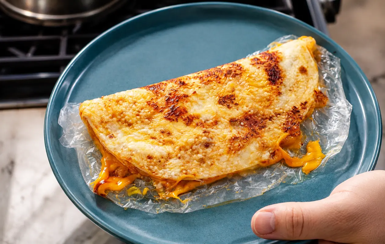 Golden, crispy rice paper pizza folded in half with melted cheese oozing onto a teal ceramic plate.