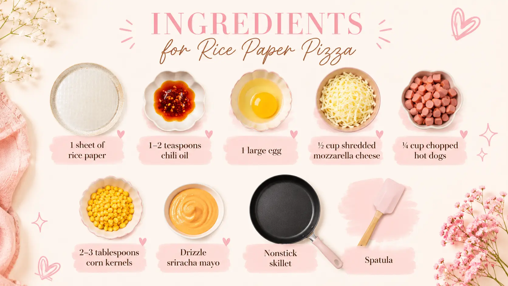 Feminine recipe ingredient graphic for Vietnamese rice paper pizza featuring a soft cream background with blush pink accents, floral decorations, and hand-drawn hearts. The layout displays the ingredients in an organized grid with photos of rice paper, chili oil, egg, shredded mozzarella cheese, chopped hot dogs, corn kernels, sriracha mayo, a nonstick skillet, and a spatula. Elegant pink typography and delicate design elements create a modern, cozy, and Pinterest-worthy aesthetic.