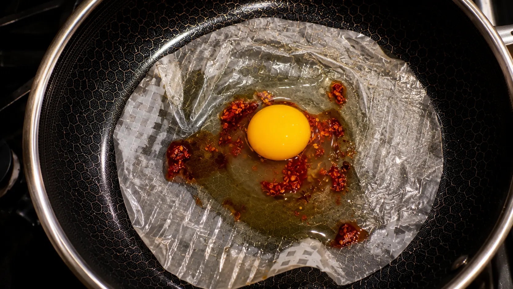 Close-up overhead view of a Vietnamese rice paper pizza being prepared in a nonstick skillet with a hexagon-patterned surface. A translucent rice paper sheet is coated with glossy chili oil and topped with a fresh egg featuring a bright golden yolk. Red chili flakes are scattered throughout the oil, creating a vibrant contrast against the delicate rice paper. Warm lighting highlights the textures of the ingredients, giving the dish an appetizing, professional food-photography appearance.