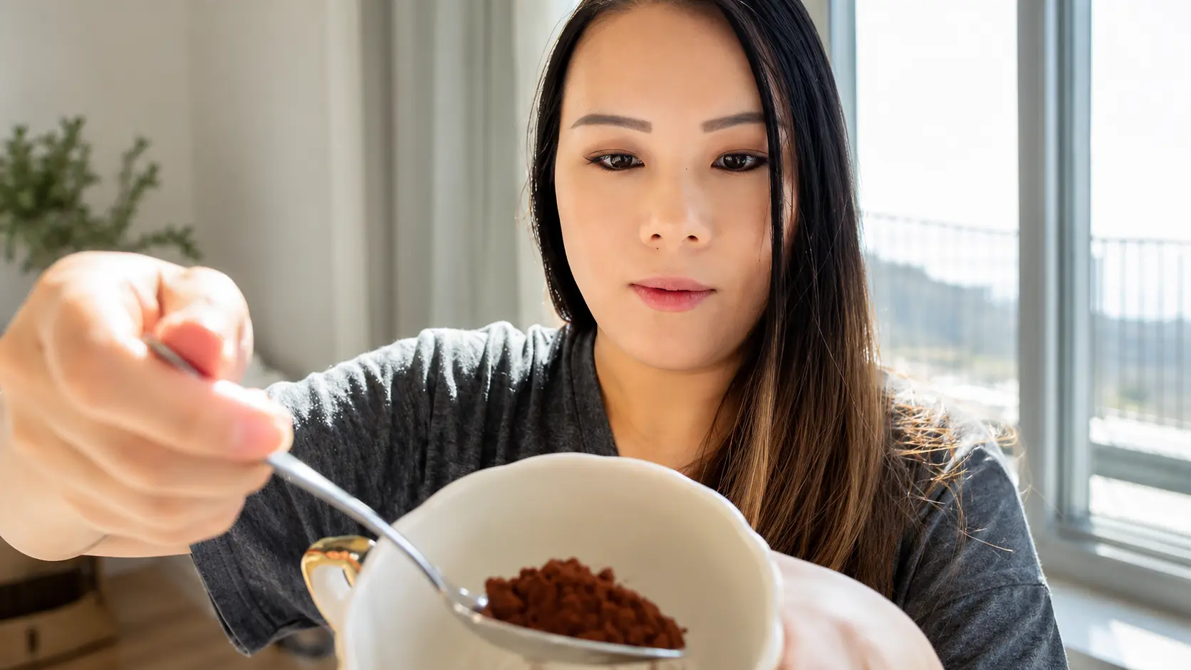 Close-up of a woman holding a white ceramic bowl filled with instant coffee granules, lifting a spoonful toward the camera in a bright, modern kitchen with soft natural light.